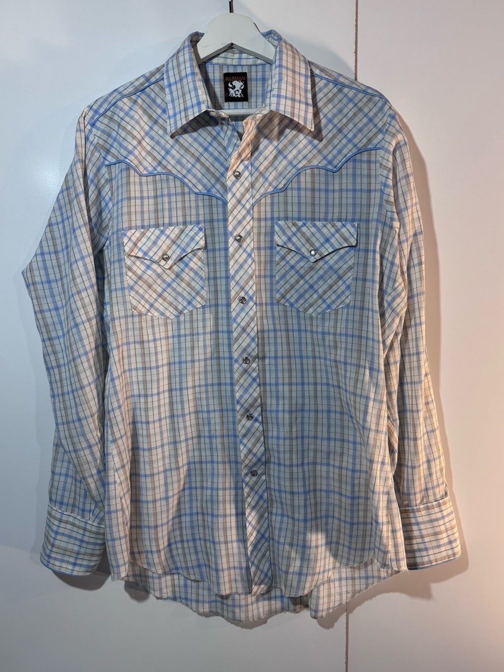 Vintage Karman Western Pearl Snap Shirt — Blue/Tan Plaid